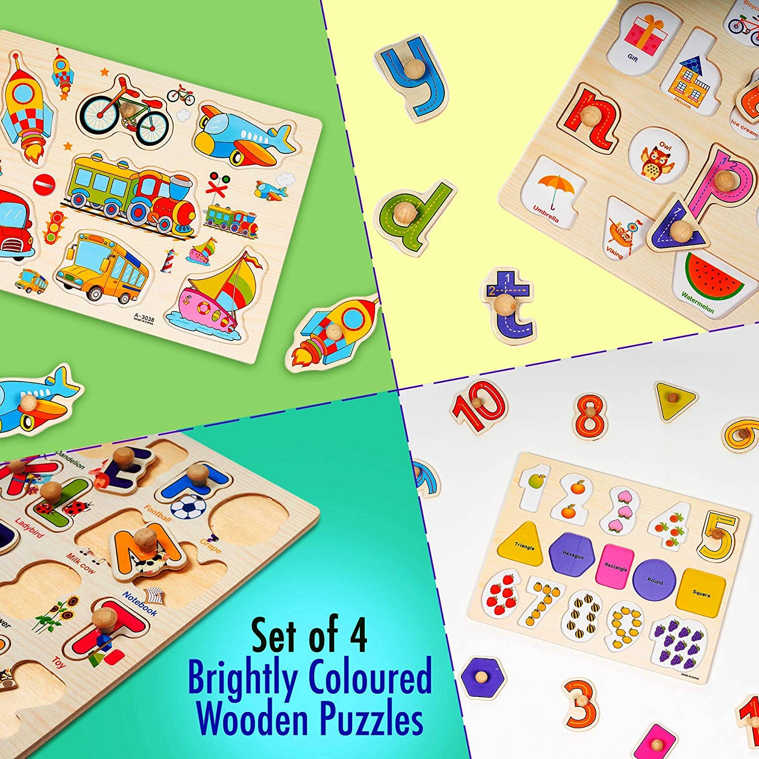 4 Colourful Wooden Jigsaw Peg Puzzle Toys for Early Learning - Enchanted Toys