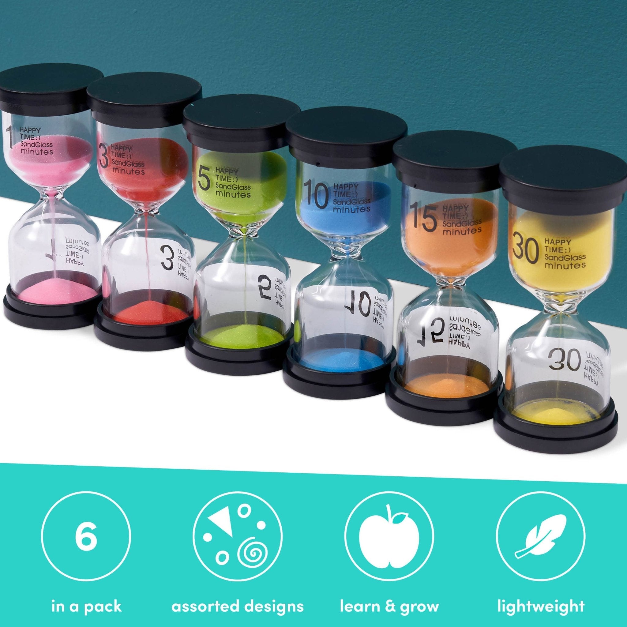 6 Sand Hourglass Clock Timers - 1,3,5,10,15 & 30 Minutes - Enchanted Toys