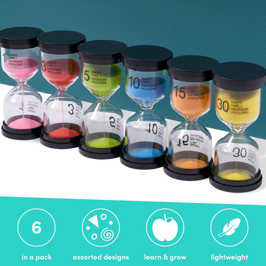 6 Sand Hourglass Clock Timers - 1,3,5,10,15 & 30 Minutes - Enchanted Toys