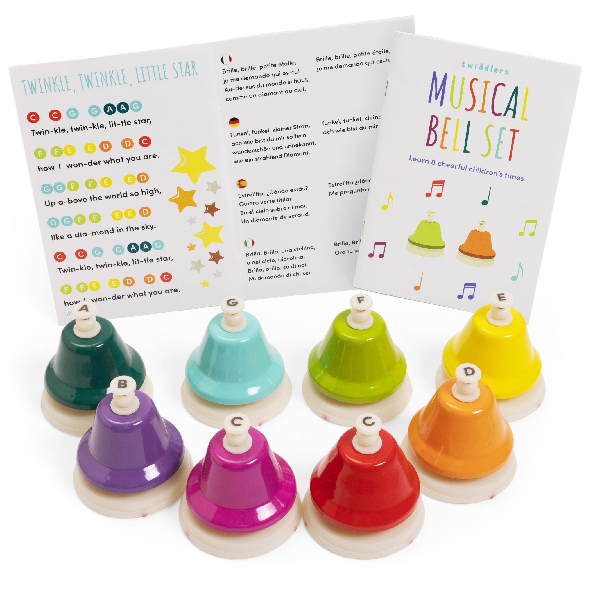 Rainbow Music Bells, Set of 8 Hand Held Percussion Bells - Enchanted Toys