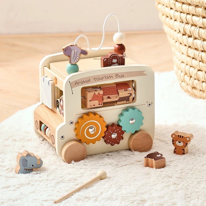 Wooden Montessori Baby Five - in - one Bus Toy - Enchanted Toys