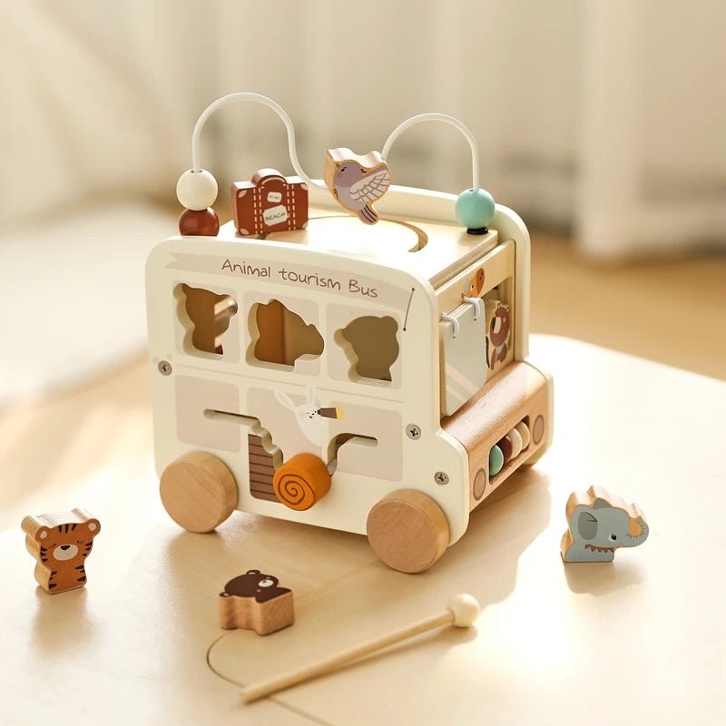 Wooden Montessori Baby Five - in - one Bus Toy - Enchanted Toys