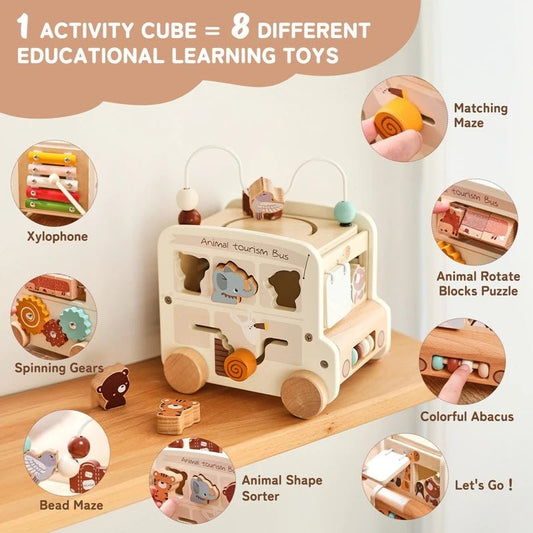 Wooden Montessori Baby Five - in - one Bus Toy - Enchanted Toys